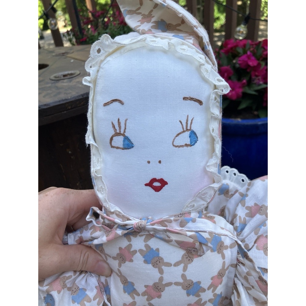 Set of 2 Handmade Cloth Rag Dolls Primitive Bunny Bonnet Shelf Sitters 26" - Picture 3 of 13